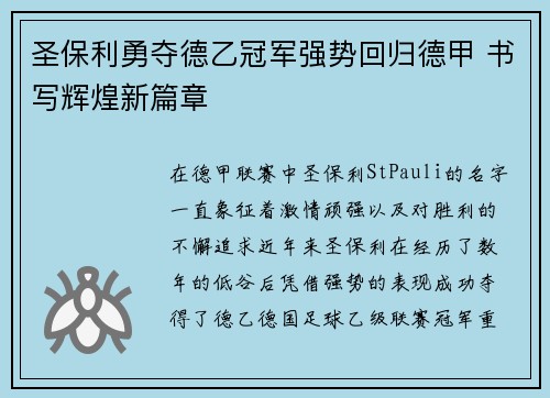 圣保利勇夺德乙冠军强势回归德甲 书写辉煌新篇章