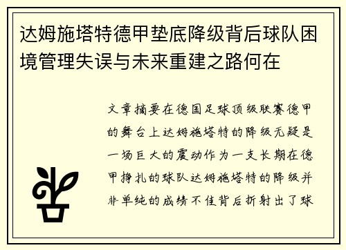 达姆施塔特德甲垫底降级背后球队困境管理失误与未来重建之路何在